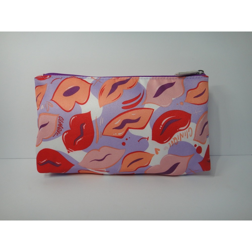 Clinique Lips Print Makeup Bag Purple Red Pink Orange Zipper Cosmetic Pouch